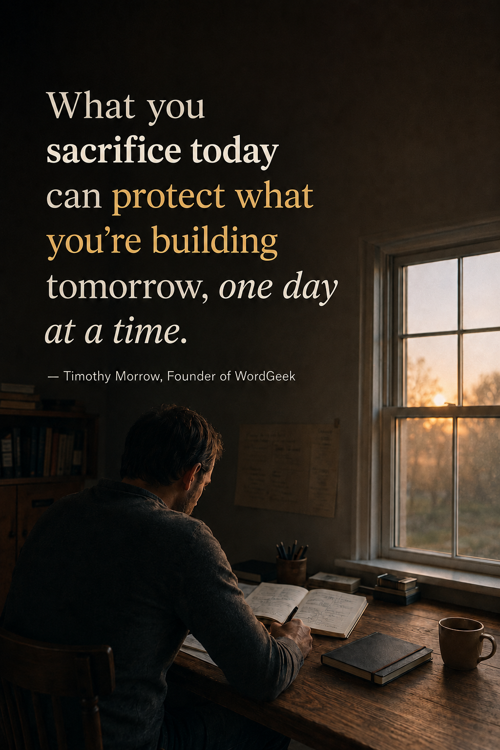 Original WordGeek artwork: What you sacrifice today can protect what you're building tomorrow, one day at a time, by Timothy Morrow, Founder of WordGeek.